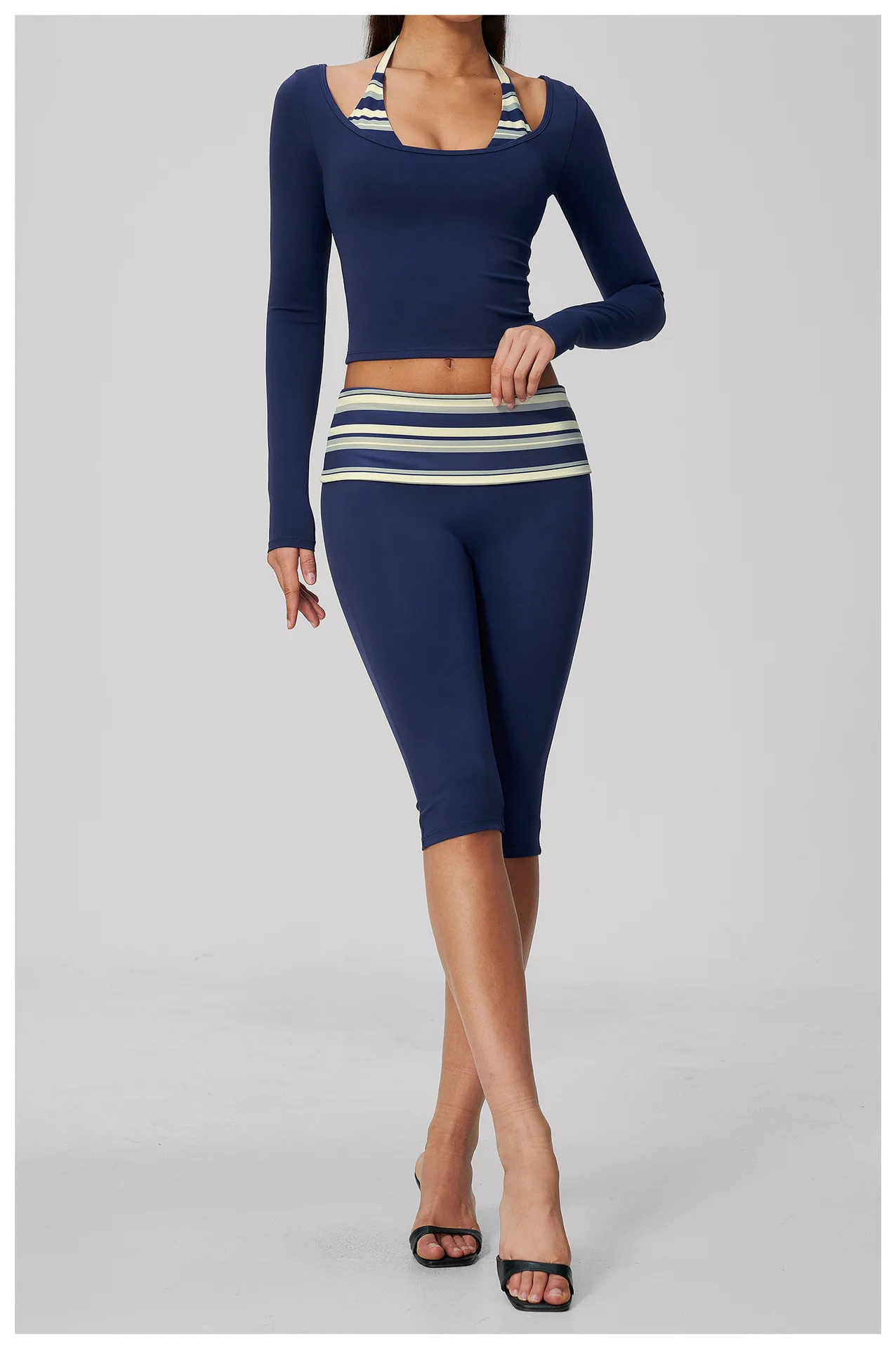 Striped Yoga Set Fitness Suit Gym Clothing Workout Tracksuit Women Sportswear 2 Piece Halter Long Sleeve Active Outfits Training