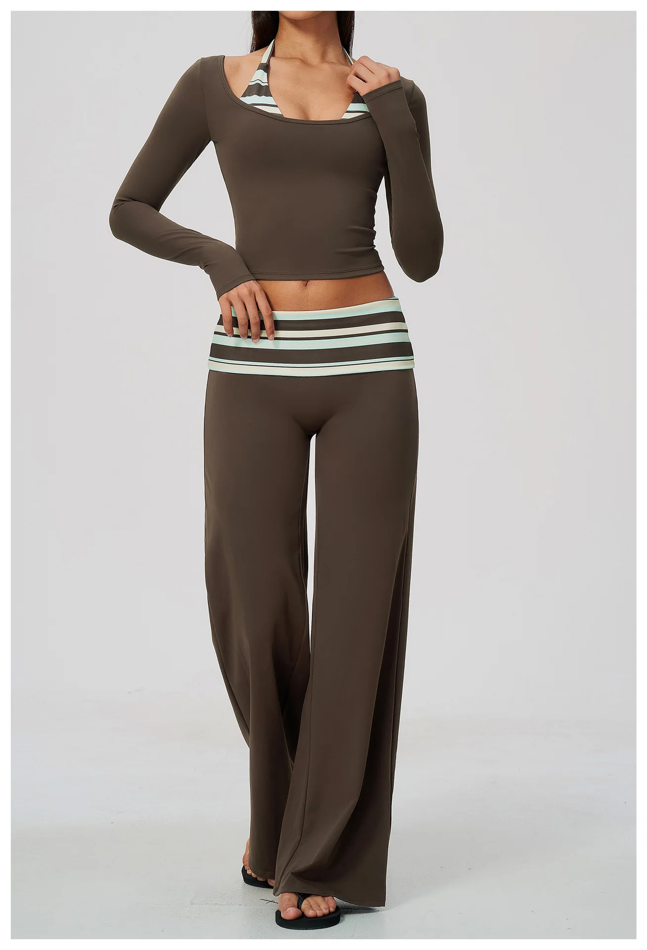 Striped Yoga Set Fitness Suit Gym Clothing Workout Tracksuit Women Sportswear 2 Piece Halter Long Sleeve Active Outfits Training