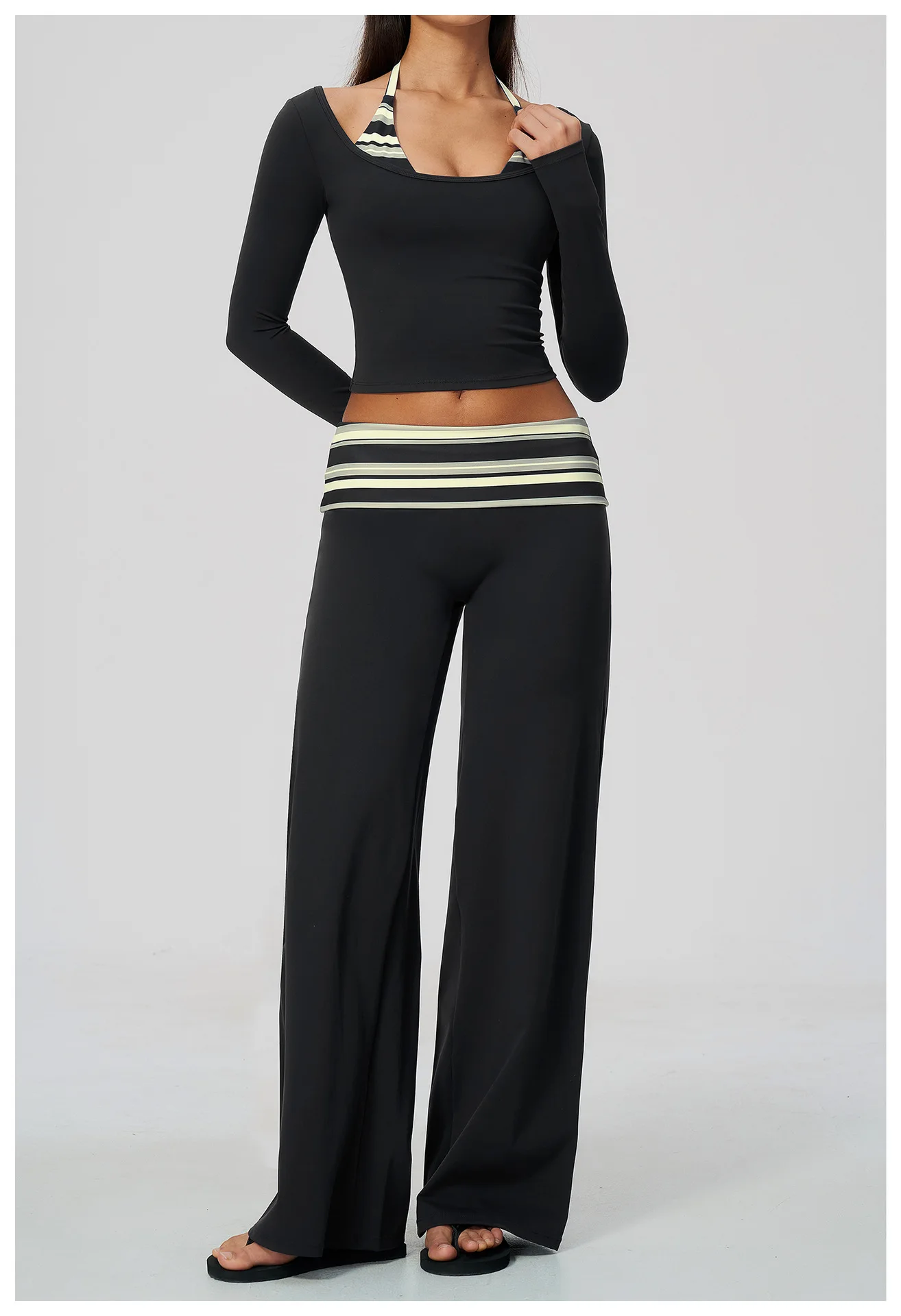 Striped Yoga Set Fitness Suit Gym Clothing Workout Tracksuit Women Sportswear 2 Piece Halter Long Sleeve Active Outfits Training