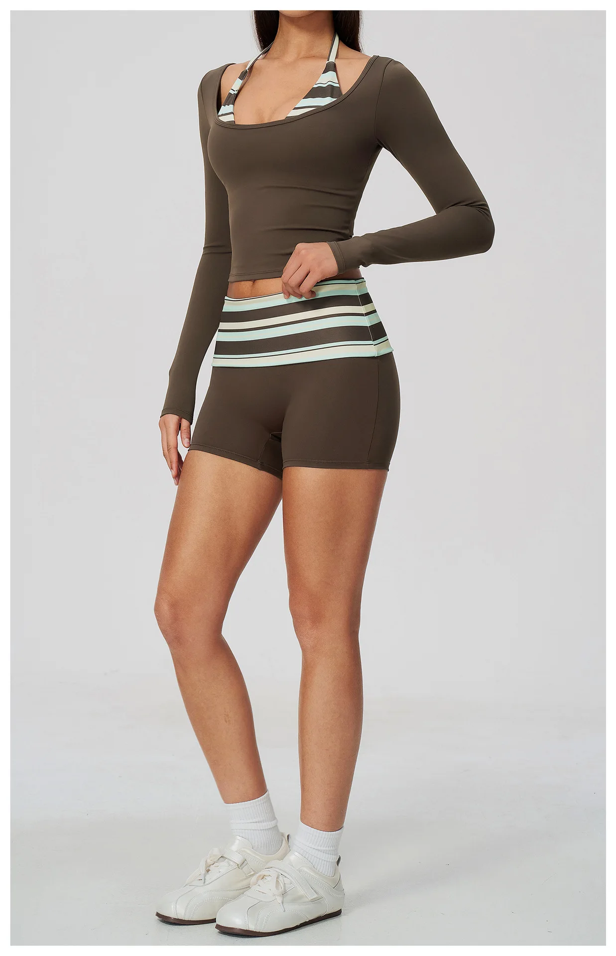 Striped Yoga Set Fitness Suit Gym Clothing Workout Tracksuit Women Sportswear 2 Piece Halter Long Sleeve Active Outfits Training