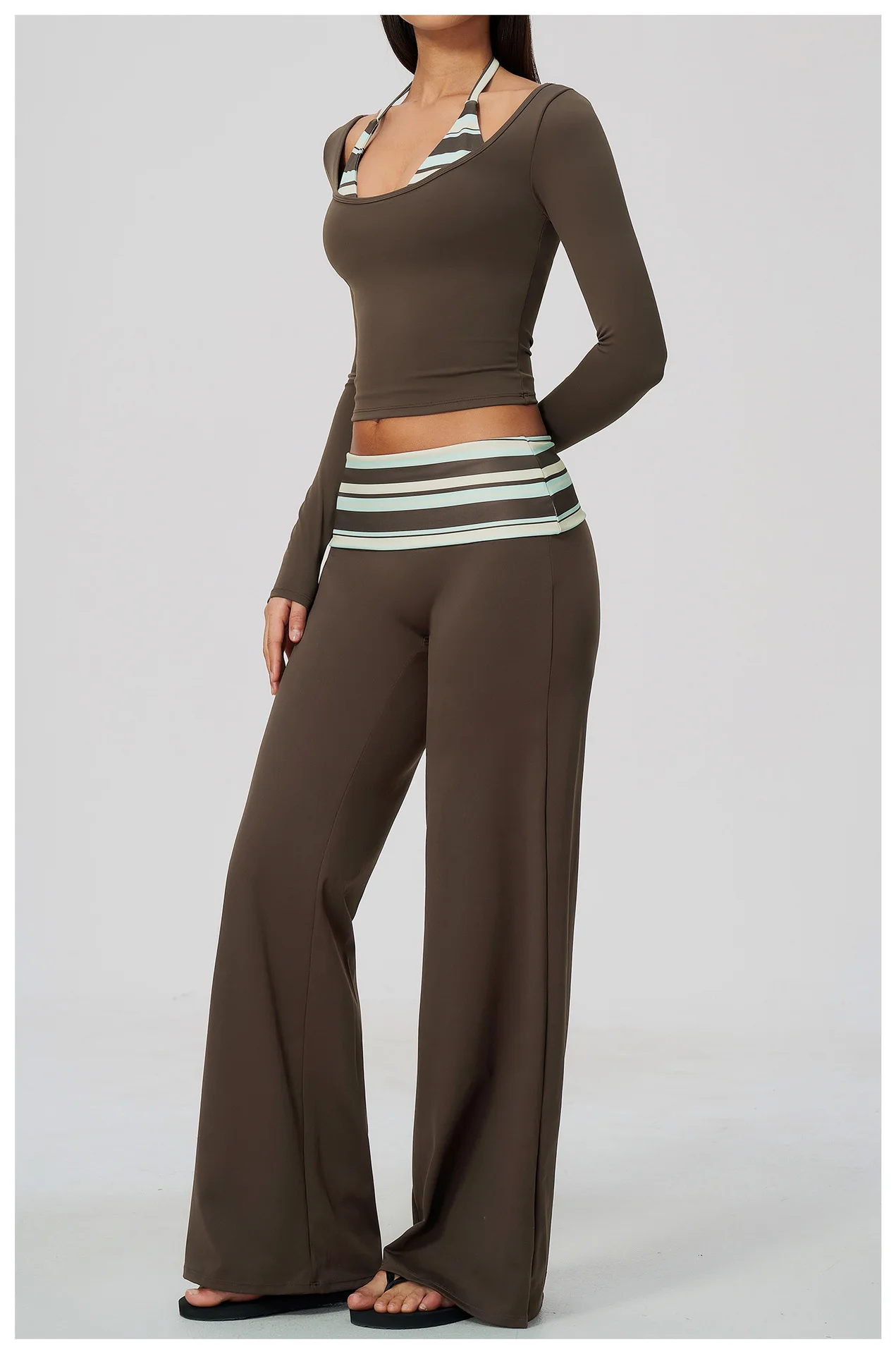 Striped Yoga Set Fitness Suit Gym Clothing Workout Tracksuit Women Sportswear 2 Piece Halter Long Sleeve Active Outfits Training