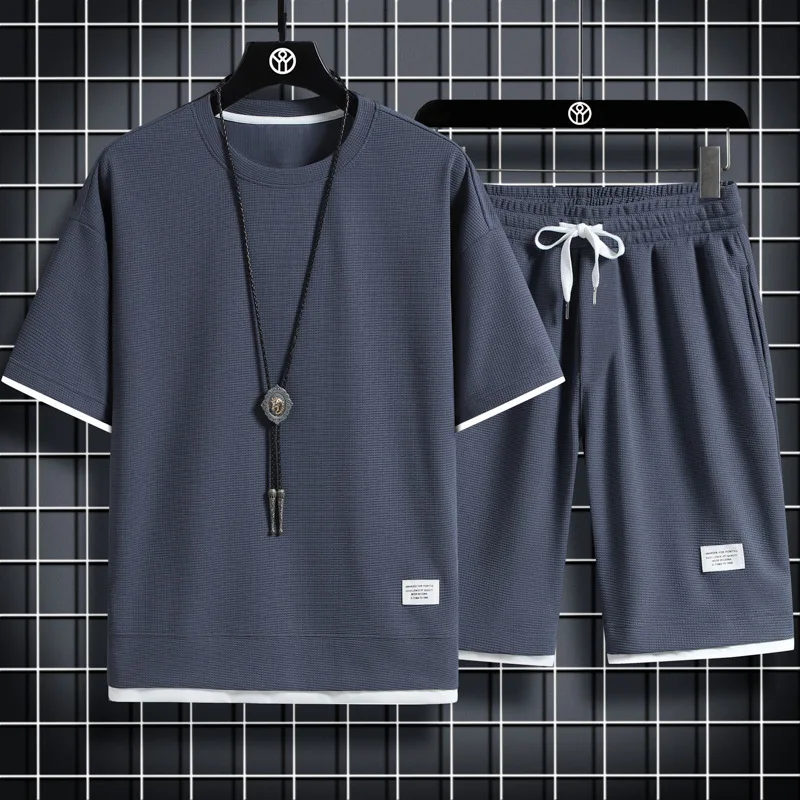 2024 Men's high qualityNew Summer Round Neck Short Sleeve Men Casual Sports Set Loose T-shirt Shorts Waffle Style Clothing