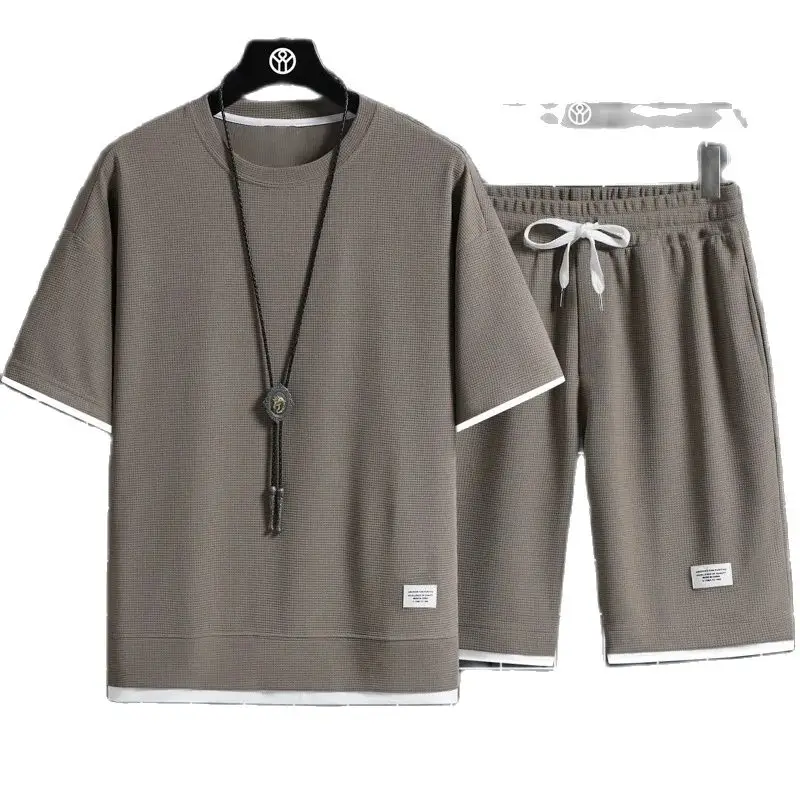2024 Men's high qualityNew Summer Round Neck Short Sleeve Men Casual Sports Set Loose T-shirt Shorts Waffle Style Clothing