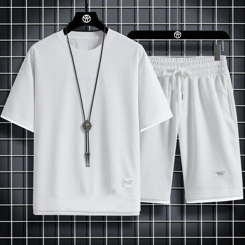 2024 Men's high qualityNew Summer Round Neck Short Sleeve Men Casual Sports Set Loose T-shirt Shorts Waffle Style Clothing