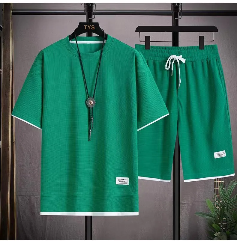 2024 Men's high qualityNew Summer Round Neck Short Sleeve Men Casual Sports Set Loose T-shirt Shorts Waffle Style Clothing