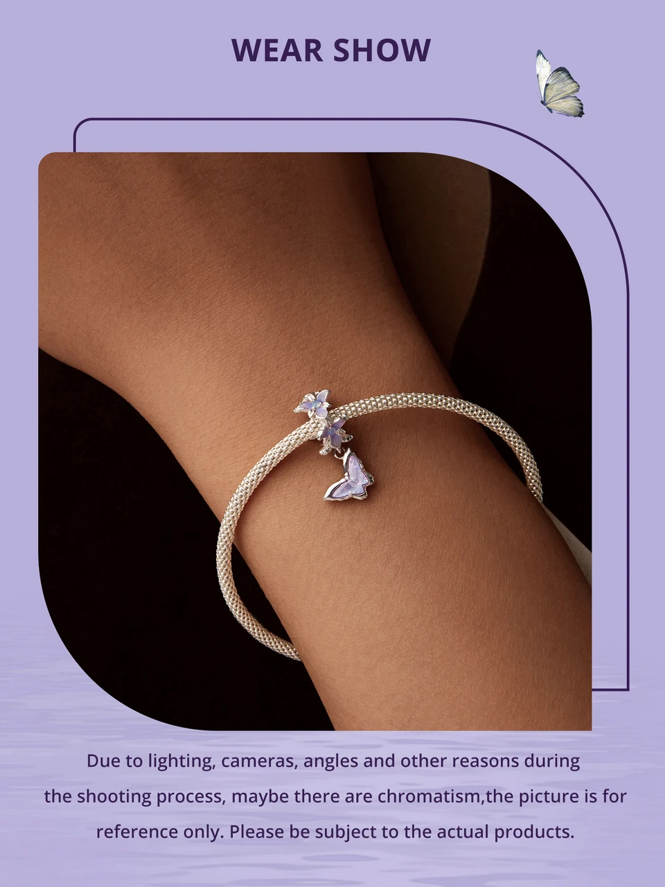 WOSTU 925 Sterling Silver Mystic Butterfly Charm Purple Iris Flower Beads Crystal Pendant Fit DIY Bracelet Necklace Party Gift