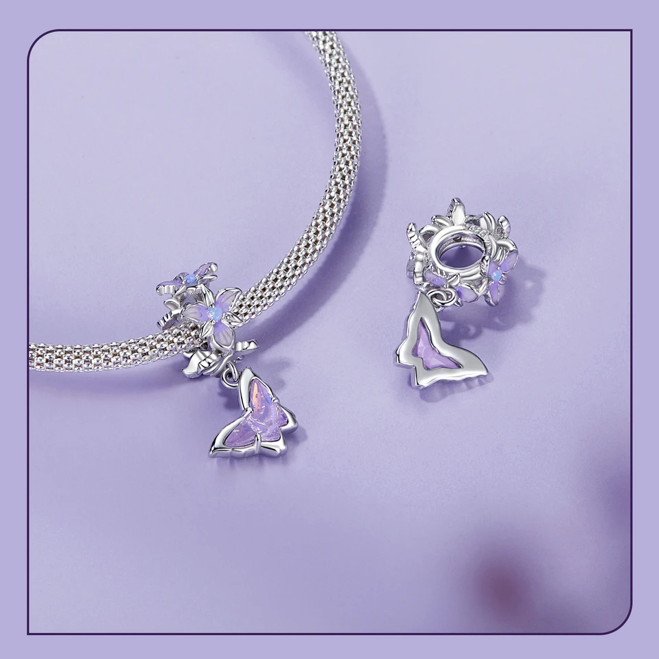 WOSTU 925 Sterling Silver Mystic Butterfly Charm Purple Iris Flower Beads Crystal Pendant Fit DIY Bracelet Necklace Party Gift