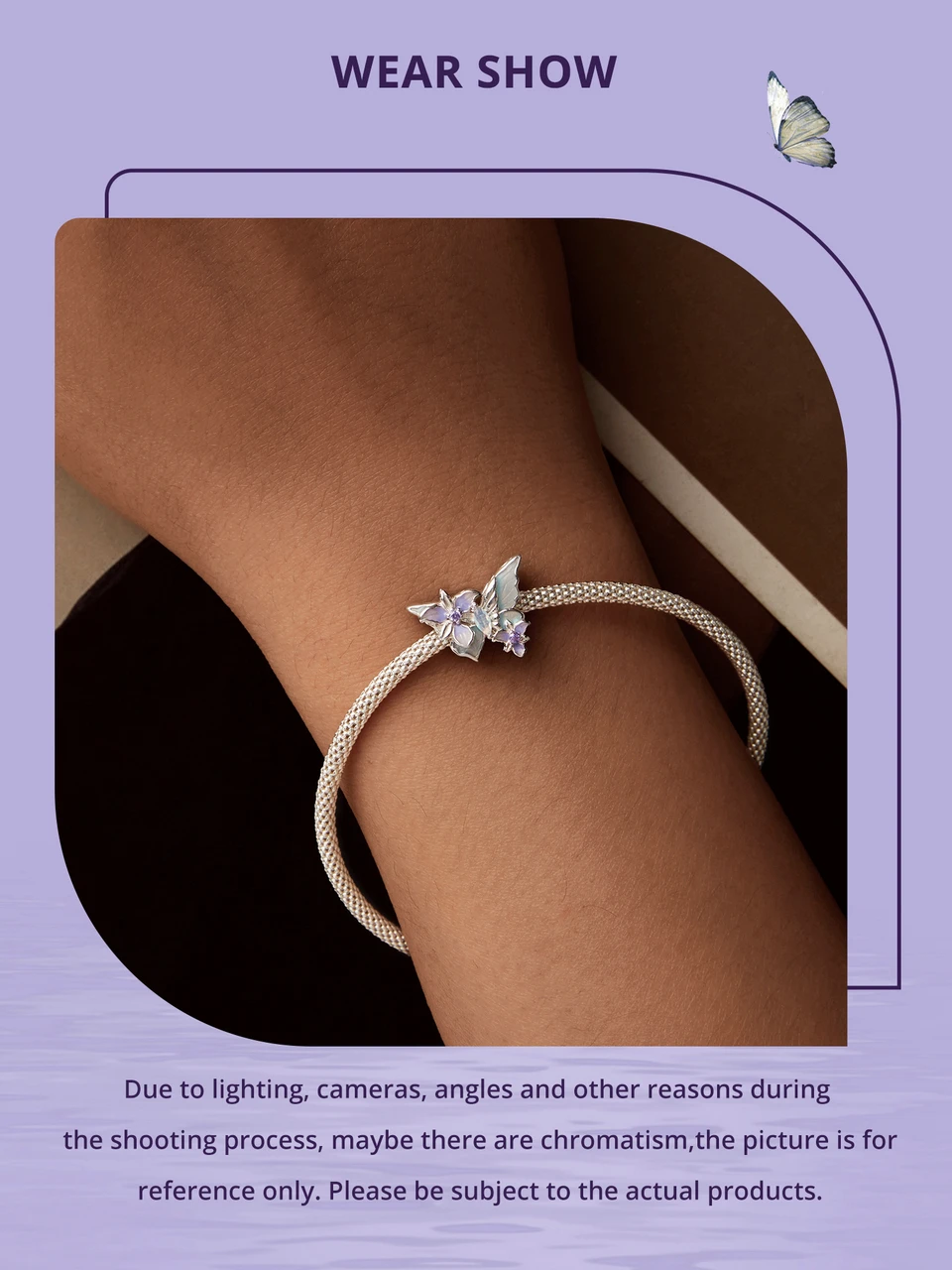 WOSTU 925 Sterling Silver Mystic Butterfly Charm Purple Iris Flower Beads Crystal Pendant Fit DIY Bracelet Necklace Party Gift