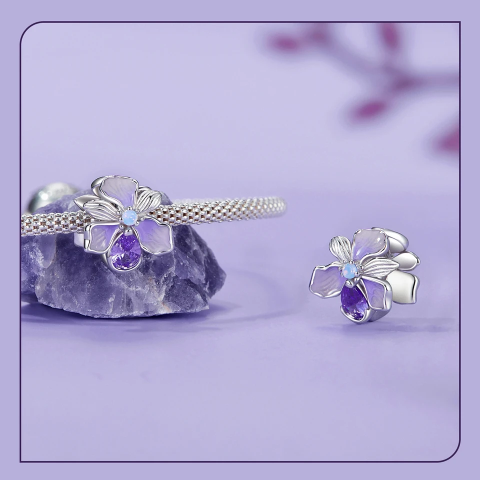 WOSTU 925 Sterling Silver Mystic Butterfly Charm Purple Iris Flower Beads Crystal Pendant Fit DIY Bracelet Necklace Party Gift