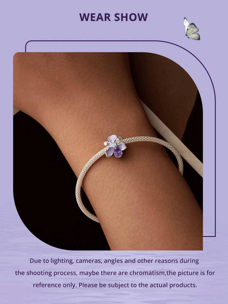 WOSTU 925 Sterling Silver Mystic Butterfly Charm Purple Iris Flower Beads Crystal Pendant Fit DIY Bracelet Necklace Party Gift