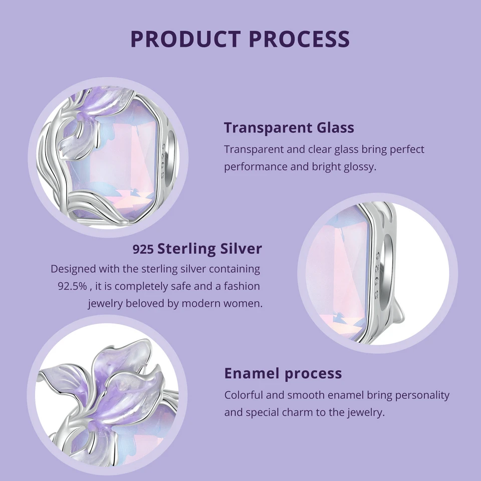 WOSTU 925 Sterling Silver Mystic Butterfly Charm Purple Iris Flower Beads Crystal Pendant Fit DIY Bracelet Necklace Party Gift