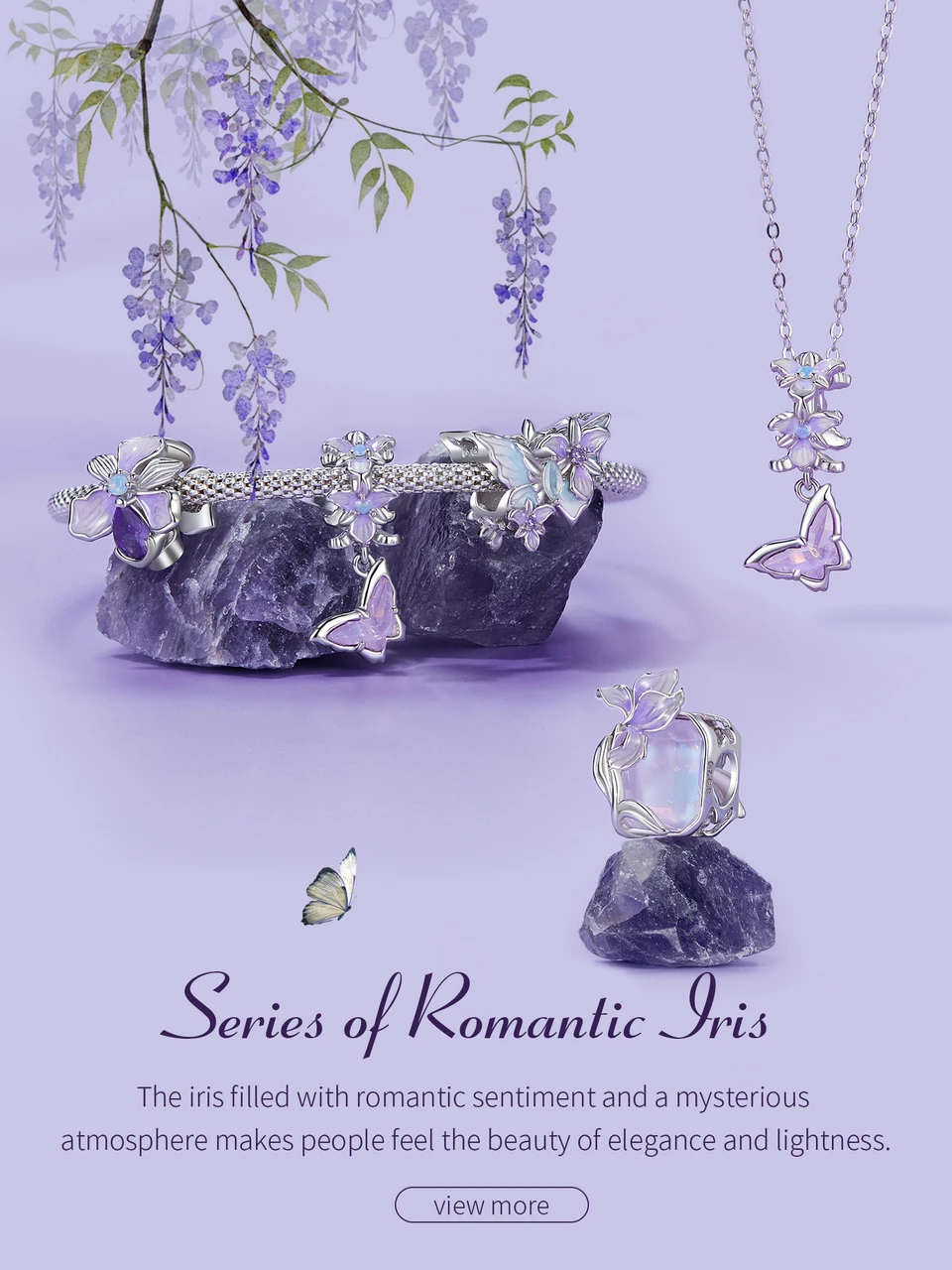 WOSTU 925 Sterling Silver Mystic Butterfly Charm Purple Iris Flower Beads Crystal Pendant Fit DIY Bracelet Necklace Party Gift