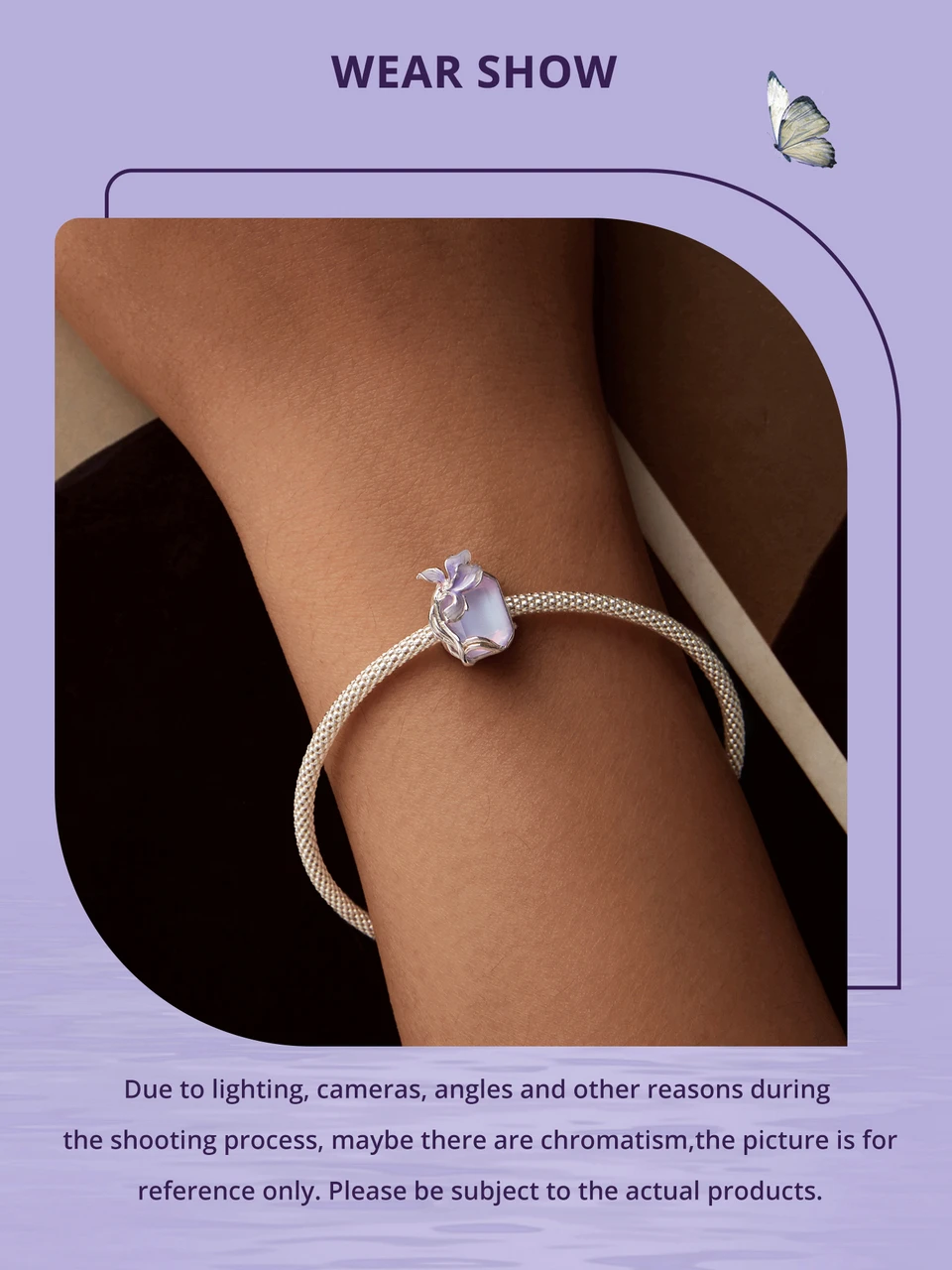 WOSTU 925 Sterling Silver Mystic Butterfly Charm Purple Iris Flower Beads Crystal Pendant Fit DIY Bracelet Necklace Party Gift