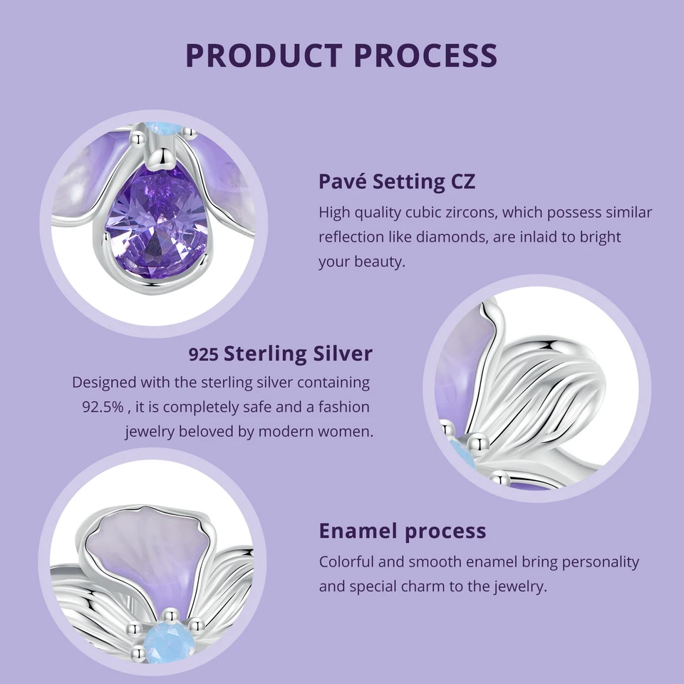 WOSTU 925 Sterling Silver Mystic Butterfly Charm Purple Iris Flower Beads Crystal Pendant Fit DIY Bracelet Necklace Party Gift
