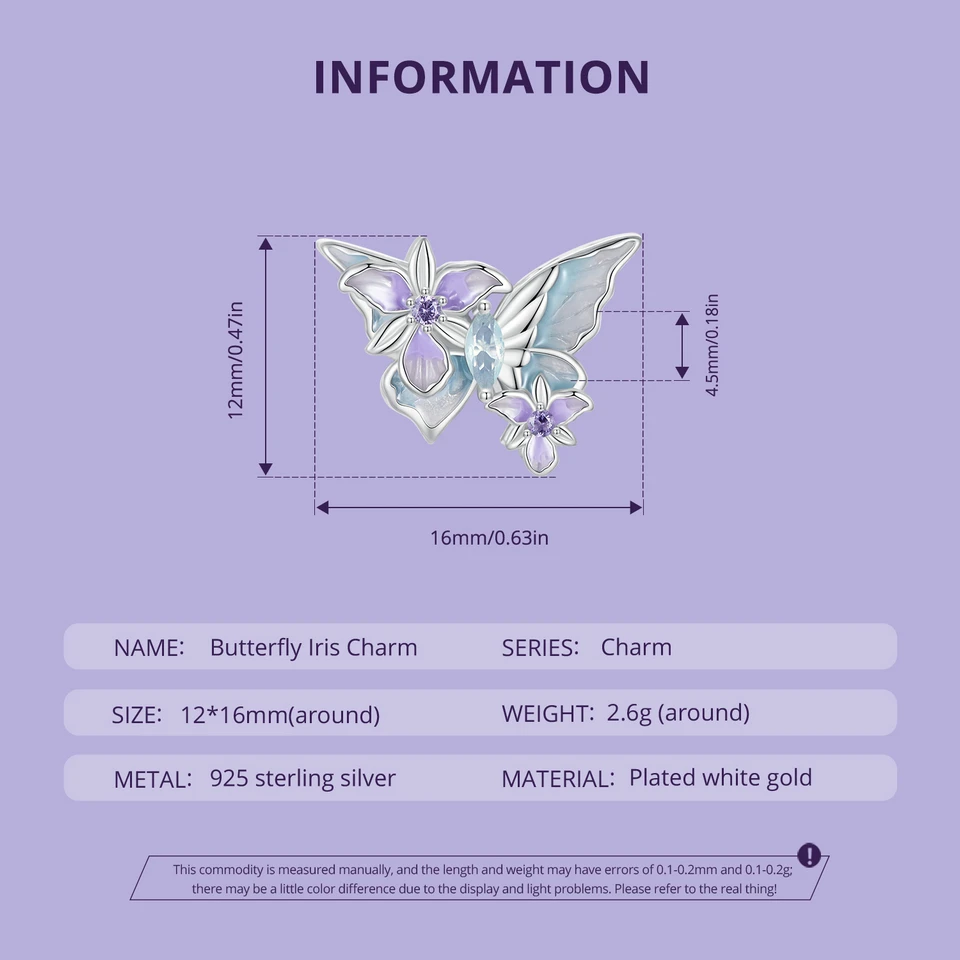 WOSTU 925 Sterling Silver Mystic Butterfly Charm Purple Iris Flower Beads Crystal Pendant Fit DIY Bracelet Necklace Party Gift