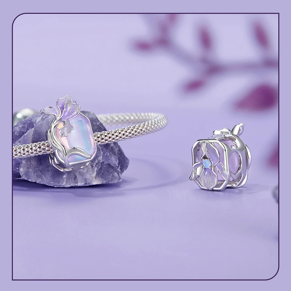 WOSTU 925 Sterling Silver Mystic Butterfly Charm Purple Iris Flower Beads Crystal Pendant Fit DIY Bracelet Necklace Party Gift