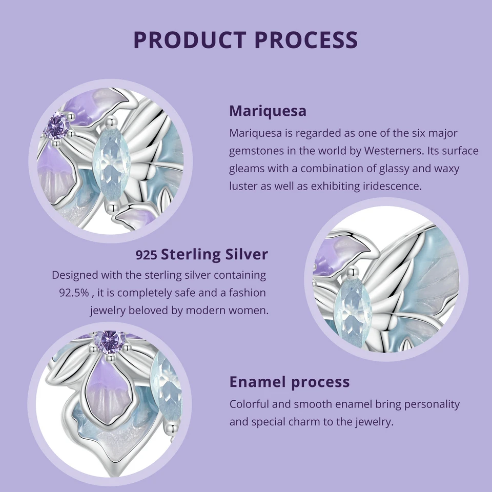 WOSTU 925 Sterling Silver Mystic Butterfly Charm Purple Iris Flower Beads Crystal Pendant Fit DIY Bracelet Necklace Party Gift