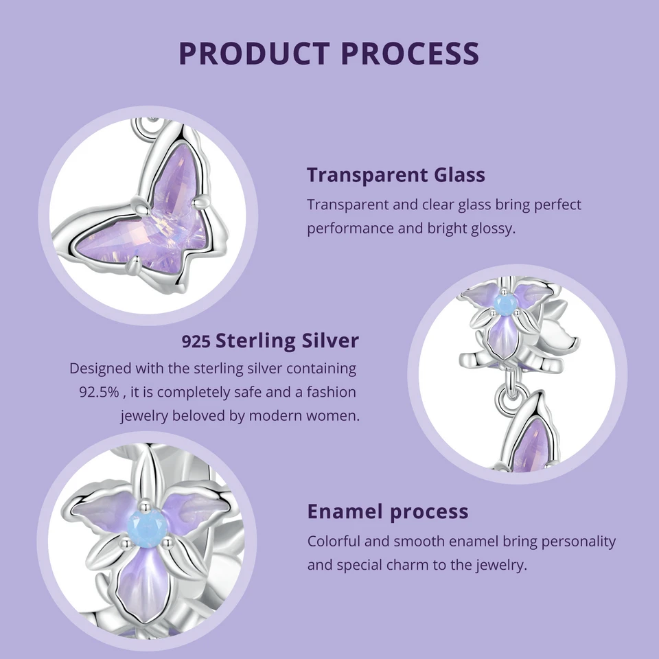 WOSTU 925 Sterling Silver Mystic Butterfly Charm Purple Iris Flower Beads Crystal Pendant Fit DIY Bracelet Necklace Party Gift