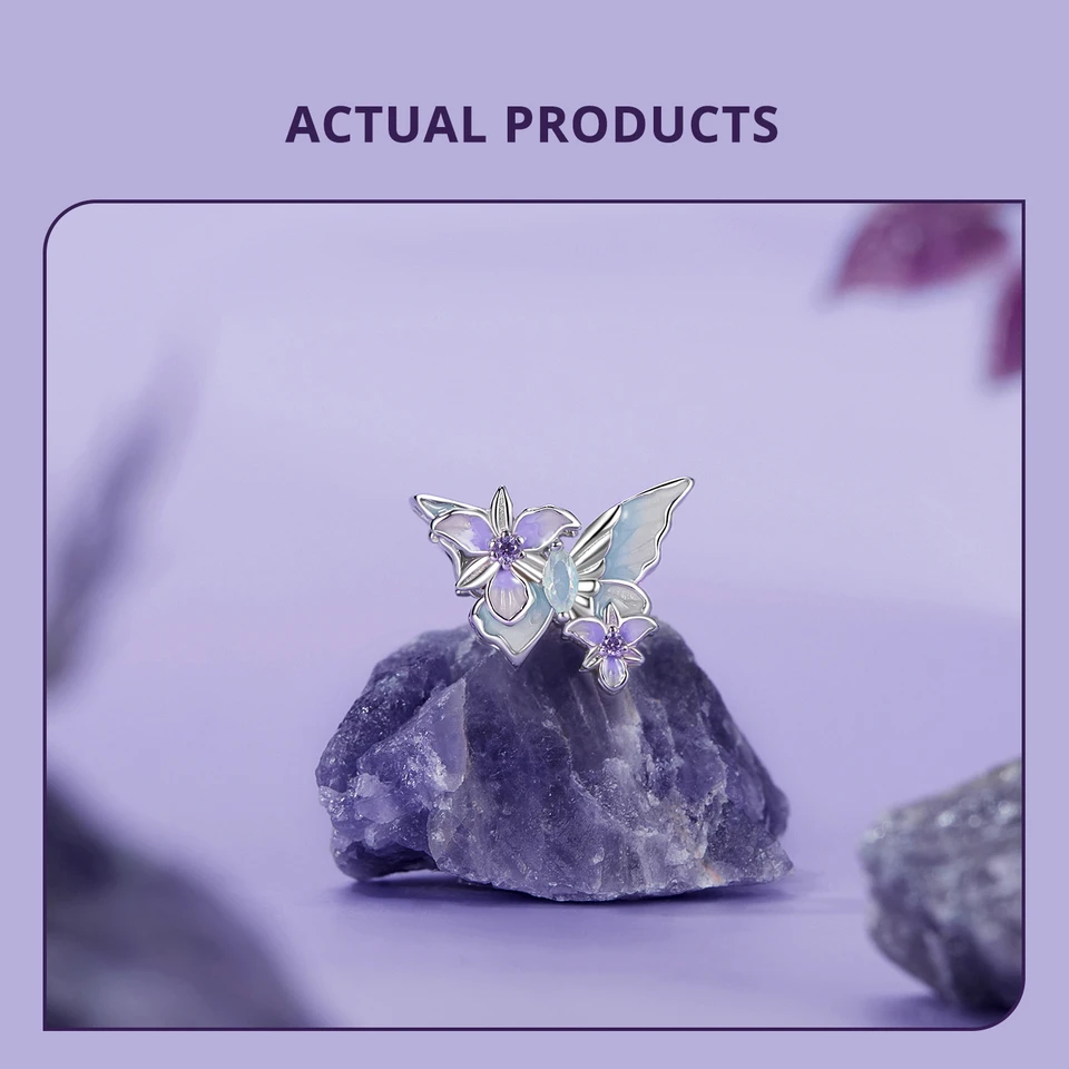 WOSTU 925 Sterling Silver Mystic Butterfly Charm Purple Iris Flower Beads Crystal Pendant Fit DIY Bracelet Necklace Party Gift
