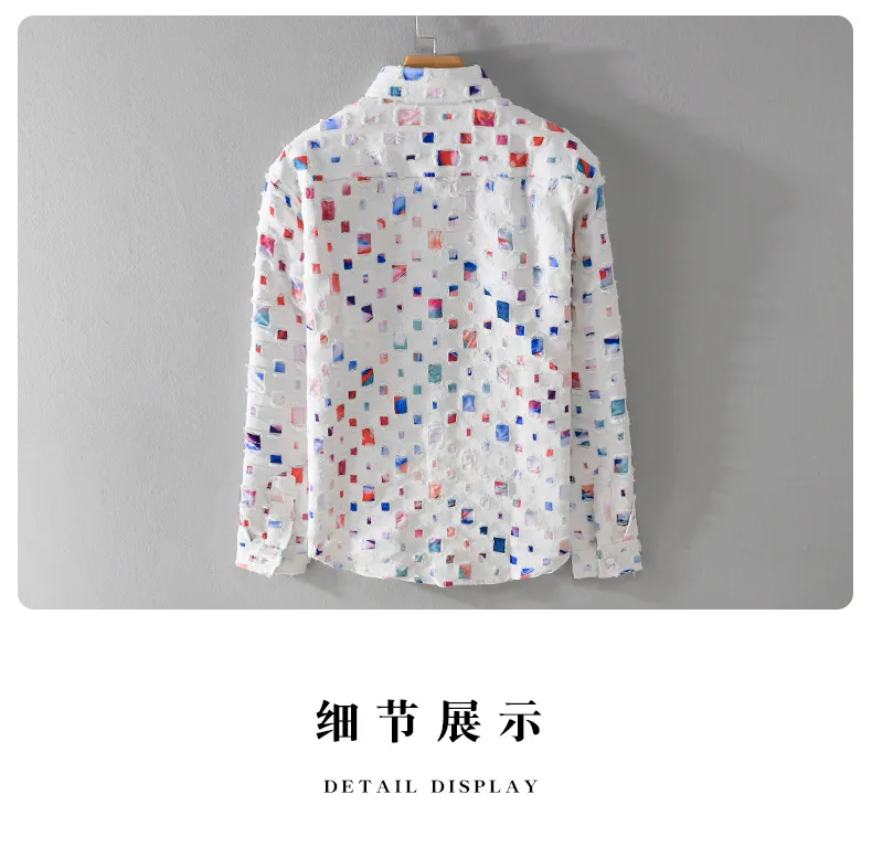 2026 New Men's Plaid Contrasting Color Hole Shirt Coats Vintage 100% Cotton Long-sleeved Loose Casual Blouse Fashion Men Clothes