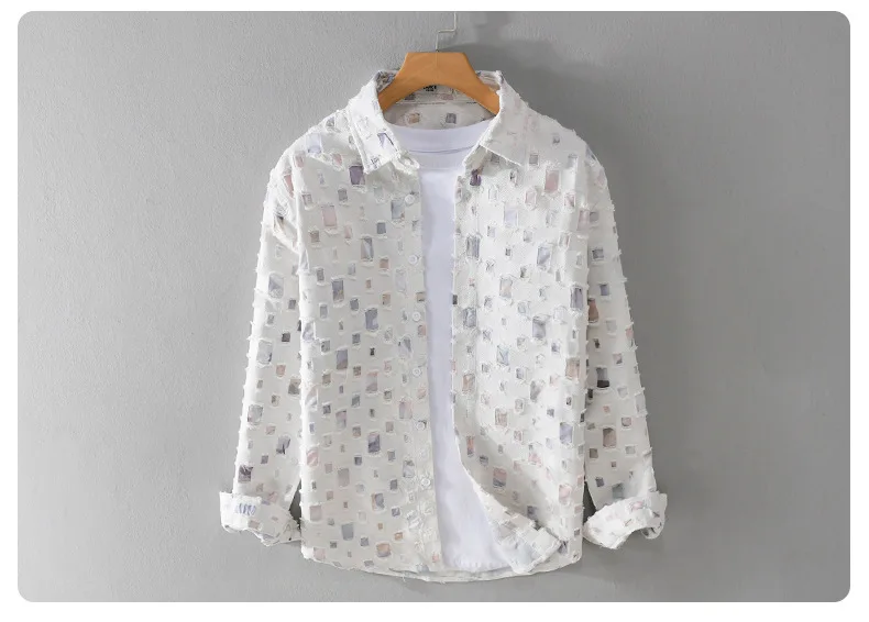 2026 New Men's Plaid Contrasting Color Hole Shirt Coats Vintage 100% Cotton Long-sleeved Loose Casual Blouse Fashion Men Clothes