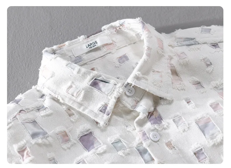 2026 New Men's Plaid Contrasting Color Hole Shirt Coats Vintage 100% Cotton Long-sleeved Loose Casual Blouse Fashion Men Clothes