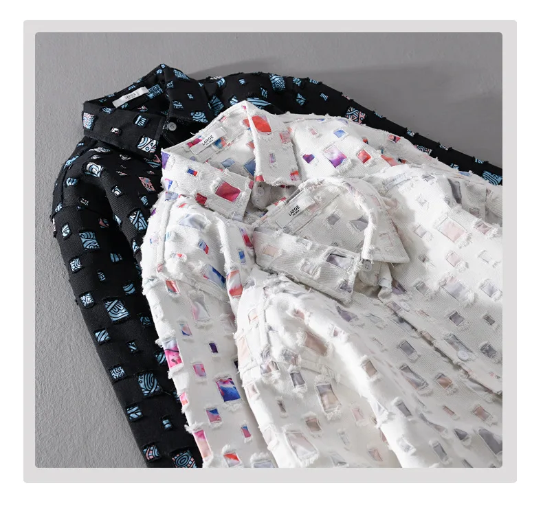2026 New Men's Plaid Contrasting Color Hole Shirt Coats Vintage 100% Cotton Long-sleeved Loose Casual Blouse Fashion Men Clothes