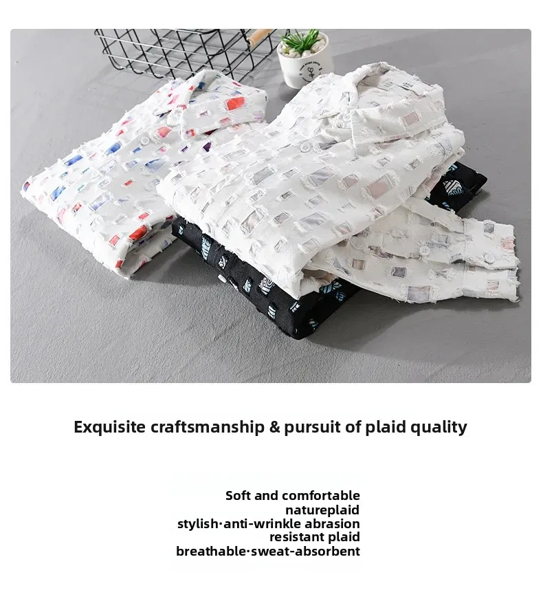 2026 New Men's Plaid Contrasting Color Hole Shirt Coats Vintage 100% Cotton Long-sleeved Loose Casual Blouse Fashion Men Clothes