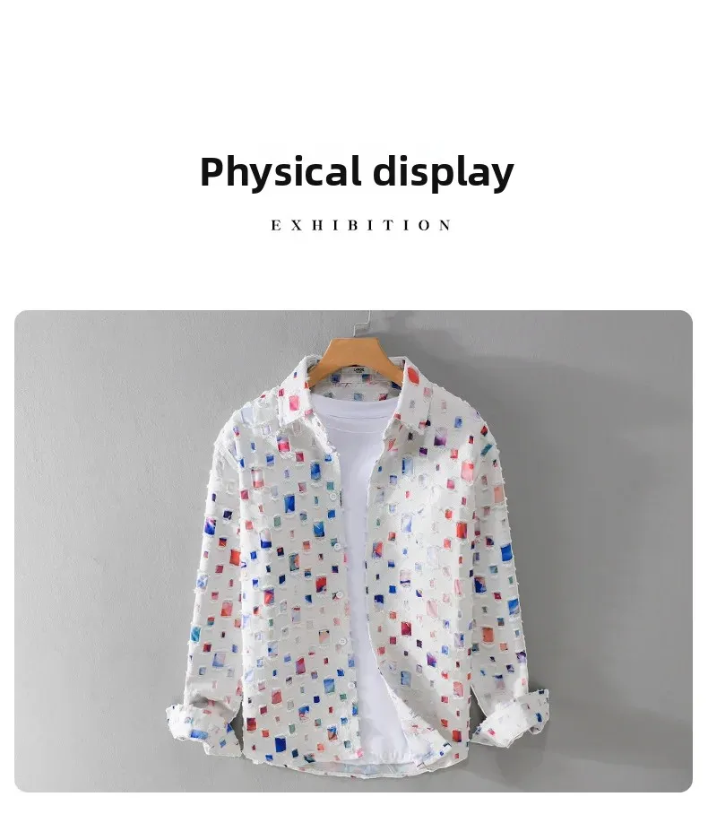 2026 New Men's Plaid Contrasting Color Hole Shirt Coats Vintage 100% Cotton Long-sleeved Loose Casual Blouse Fashion Men Clothes