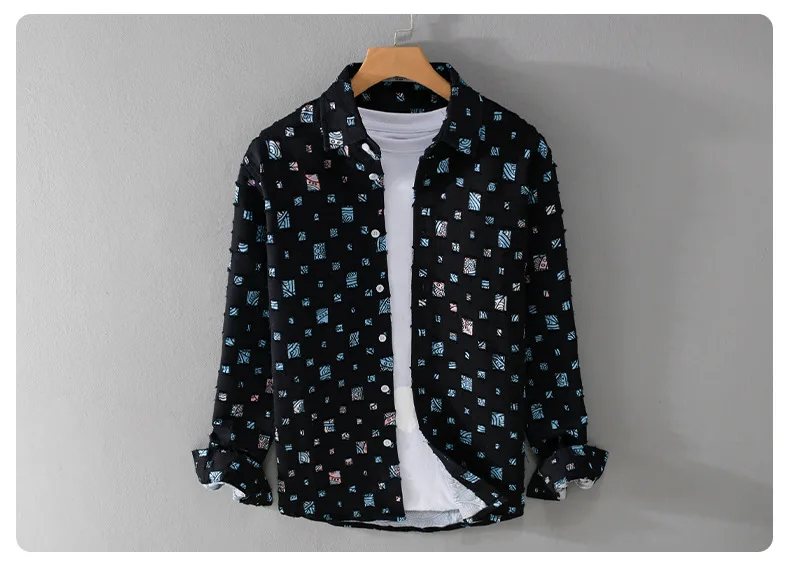 2026 New Men's Plaid Contrasting Color Hole Shirt Coats Vintage 100% Cotton Long-sleeved Loose Casual Blouse Fashion Men Clothes
