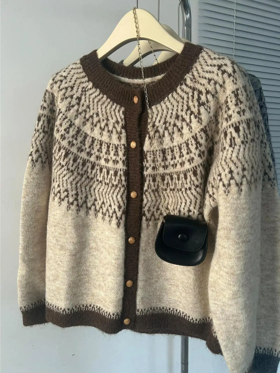 Fair-Isle Retro Jacquard Knitted Cardigan Women Autumn Winter Loose Long Sleeve O-neck Sweater Vintage Color Blocking Knit Coat