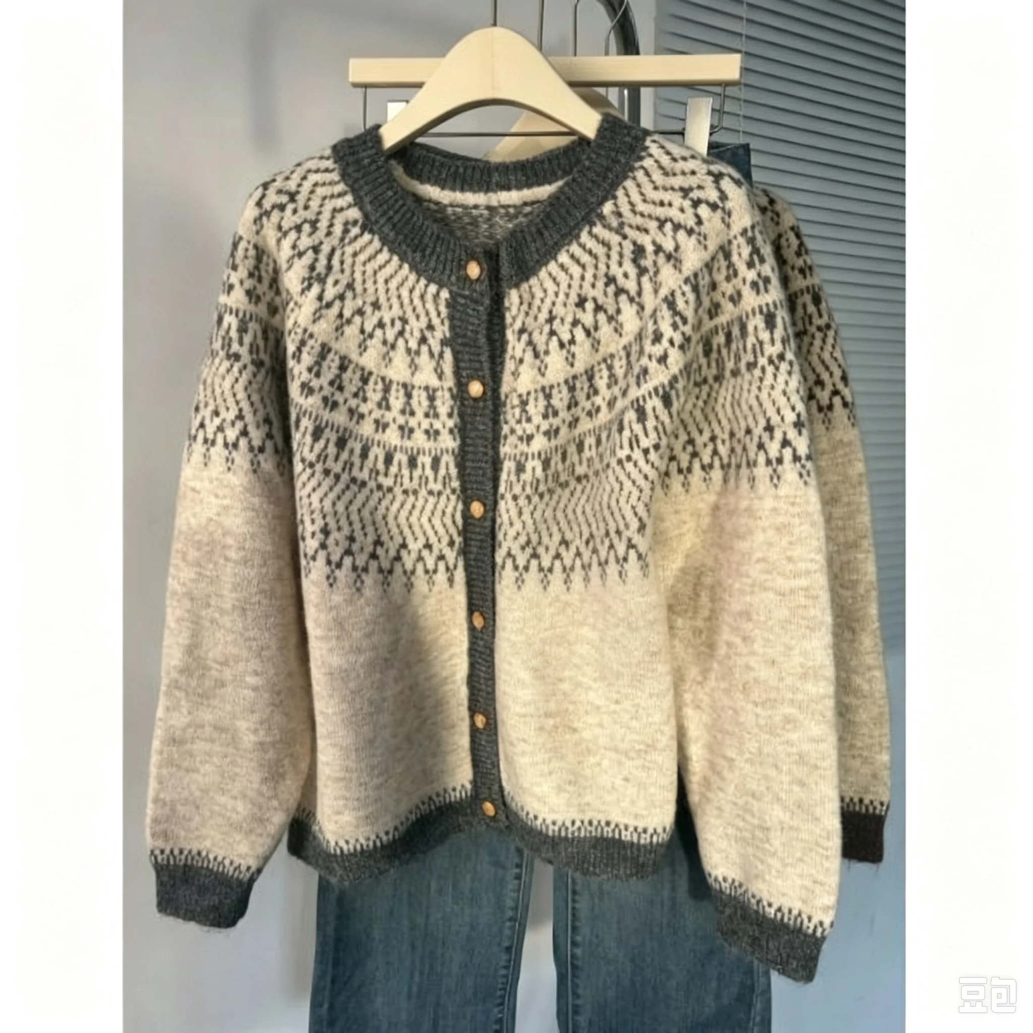 Fair-Isle Retro Jacquard Knitted Cardigan Women Autumn Winter Loose Long Sleeve O-neck Sweater Vintage Color Blocking Knit Coat
