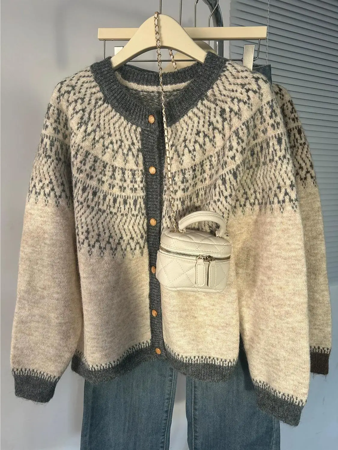 Fair-Isle Retro Jacquard Knitted Cardigan Women Autumn Winter Loose Long Sleeve O-neck Sweater Vintage Color Blocking Knit Coat