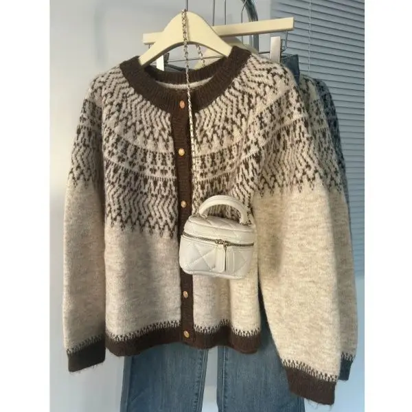Fair-Isle Retro Jacquard Knitted Cardigan Women Autumn Winter Loose Long Sleeve O-neck Sweater Vintage Color Blocking Knit Coat