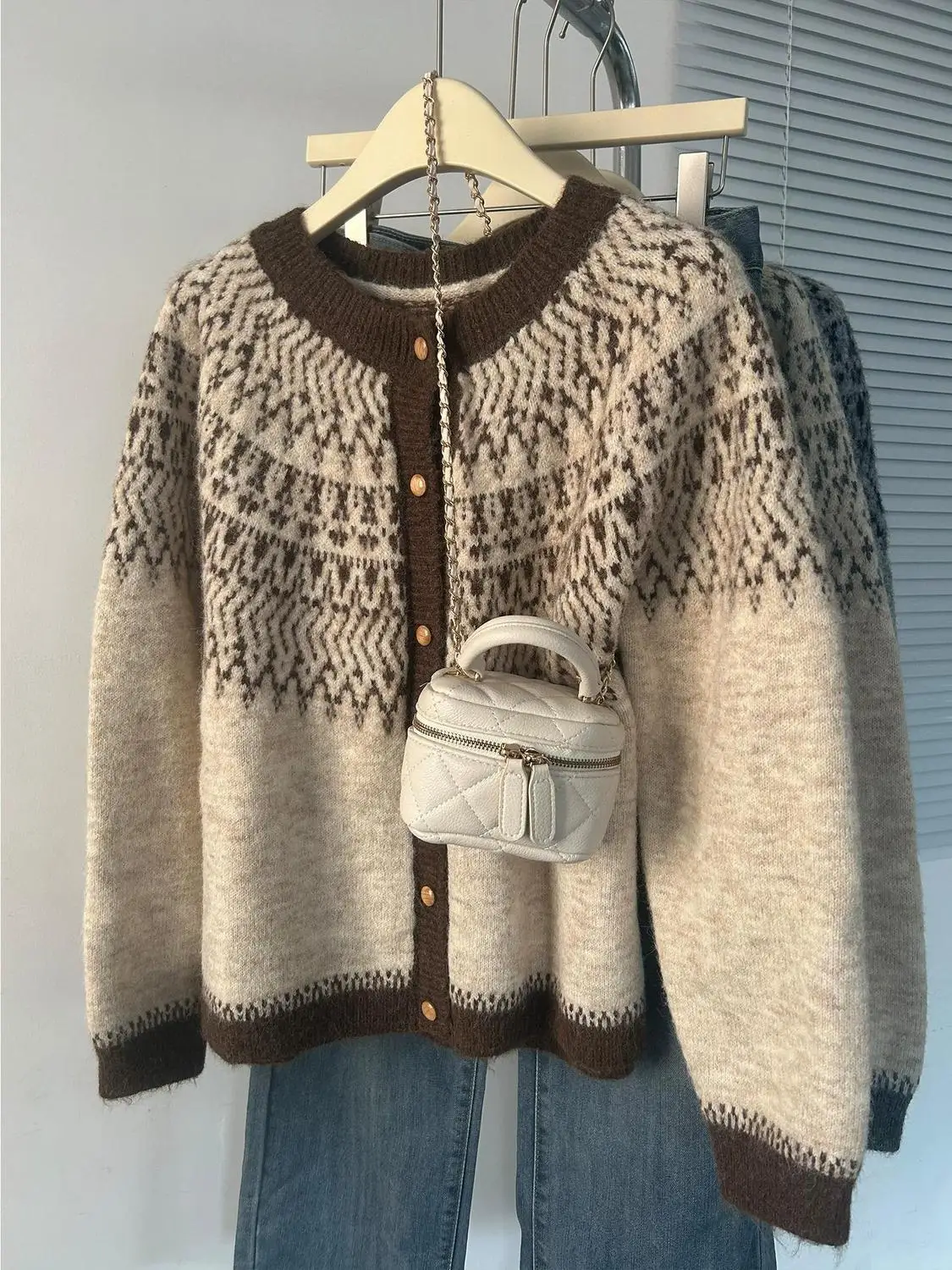 Fair-Isle Retro Jacquard Knitted Cardigan Women Autumn Winter Loose Long Sleeve O-neck Sweater Vintage Color Blocking Knit Coat
