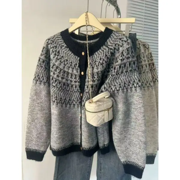 Fair-Isle Retro Jacquard Knitted Cardigan Women Autumn Winter Loose Long Sleeve O-neck Sweater Vintage Color Blocking Knit Coat