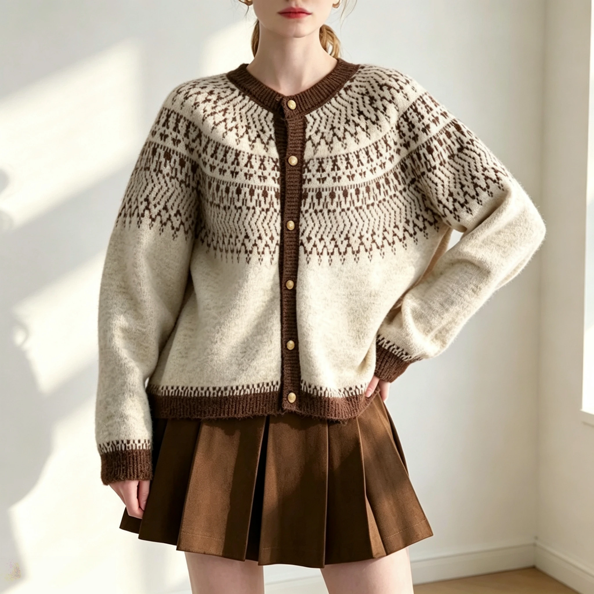 Fair-Isle Retro Jacquard Knitted Cardigan Women Autumn Winter Loose Long Sleeve O-neck Sweater Vintage Color Blocking Knit Coat