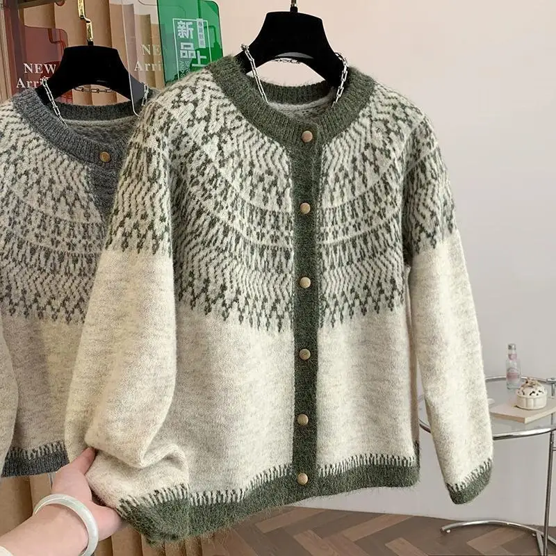Fair-Isle Retro Jacquard Knitted Cardigan Women Autumn Winter Loose Long Sleeve O-neck Sweater Vintage Color Blocking Knit Coat
