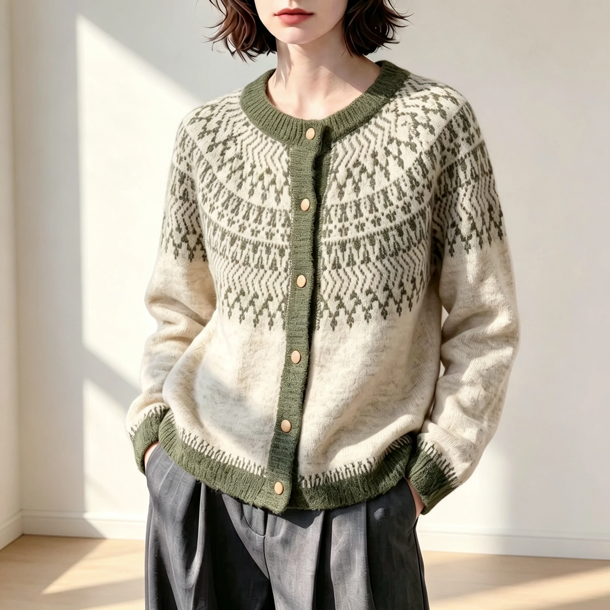 Fair-Isle Retro Jacquard Knitted Cardigan Women Autumn Winter Loose Long Sleeve O-neck Sweater Vintage Color Blocking Knit Coat