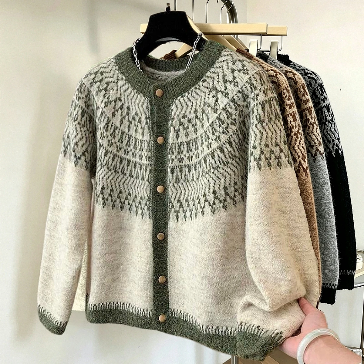 Fair-Isle Retro Jacquard Knitted Cardigan Women Autumn Winter Loose Long Sleeve O-neck Sweater Vintage Color Blocking Knit Coat