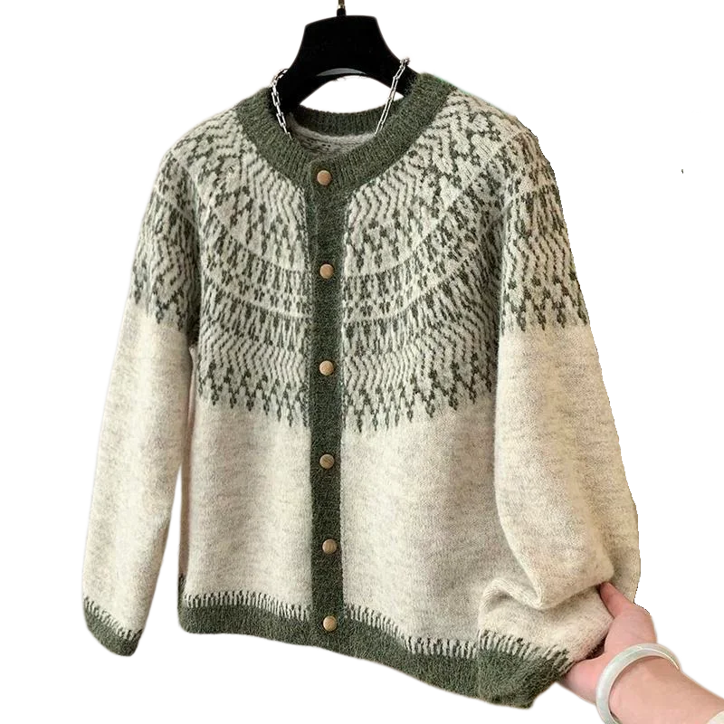 Fair-Isle Retro Jacquard Knitted Cardigan Women Autumn Winter Loose Long Sleeve O-neck Sweater Vintage Color Blocking Knit Coat
