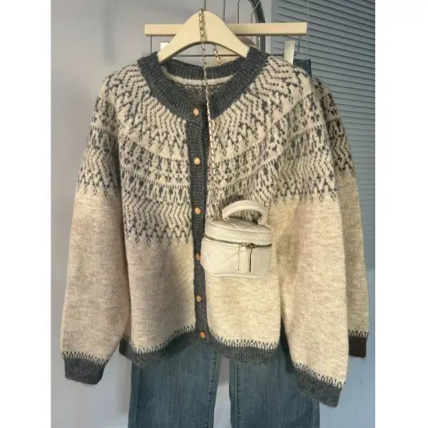 Fair-Isle Retro Jacquard Knitted Cardigan Women Autumn Winter Loose Long Sleeve O-neck Sweater Vintage Color Blocking Knit Coat