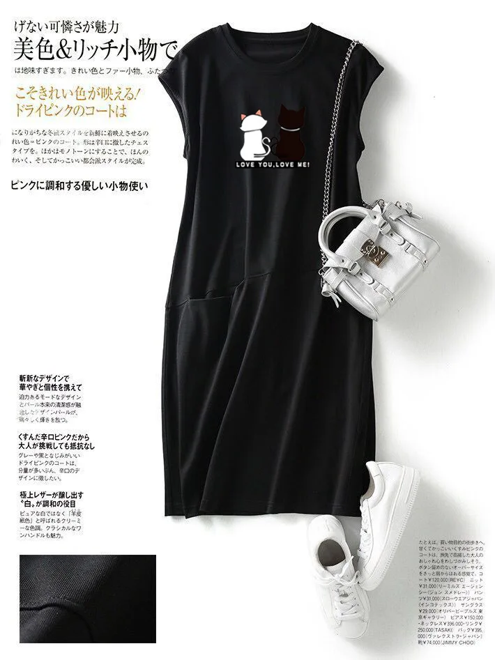 Women Summer Kawaii Cat Print Dress Korean Fashion Aesthetic Clothes Casual Streetwear Black Loose Midi Dresses for Women 2023