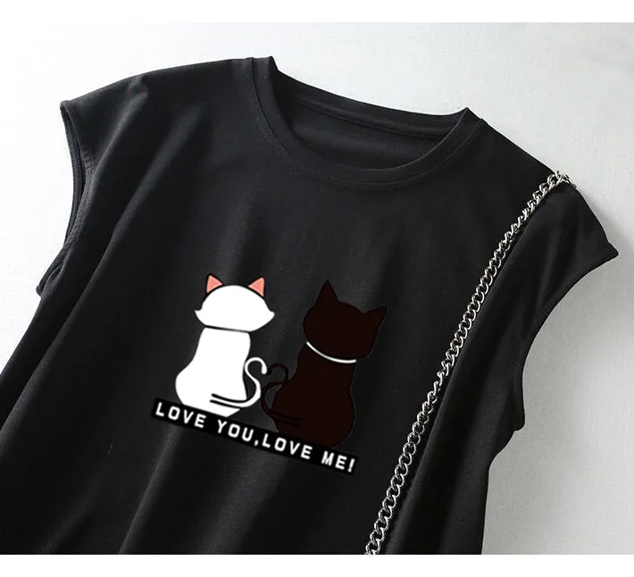 Women Summer Kawaii Cat Print Dress Korean Fashion Aesthetic Clothes Casual Streetwear Black Loose Midi Dresses for Women 2023