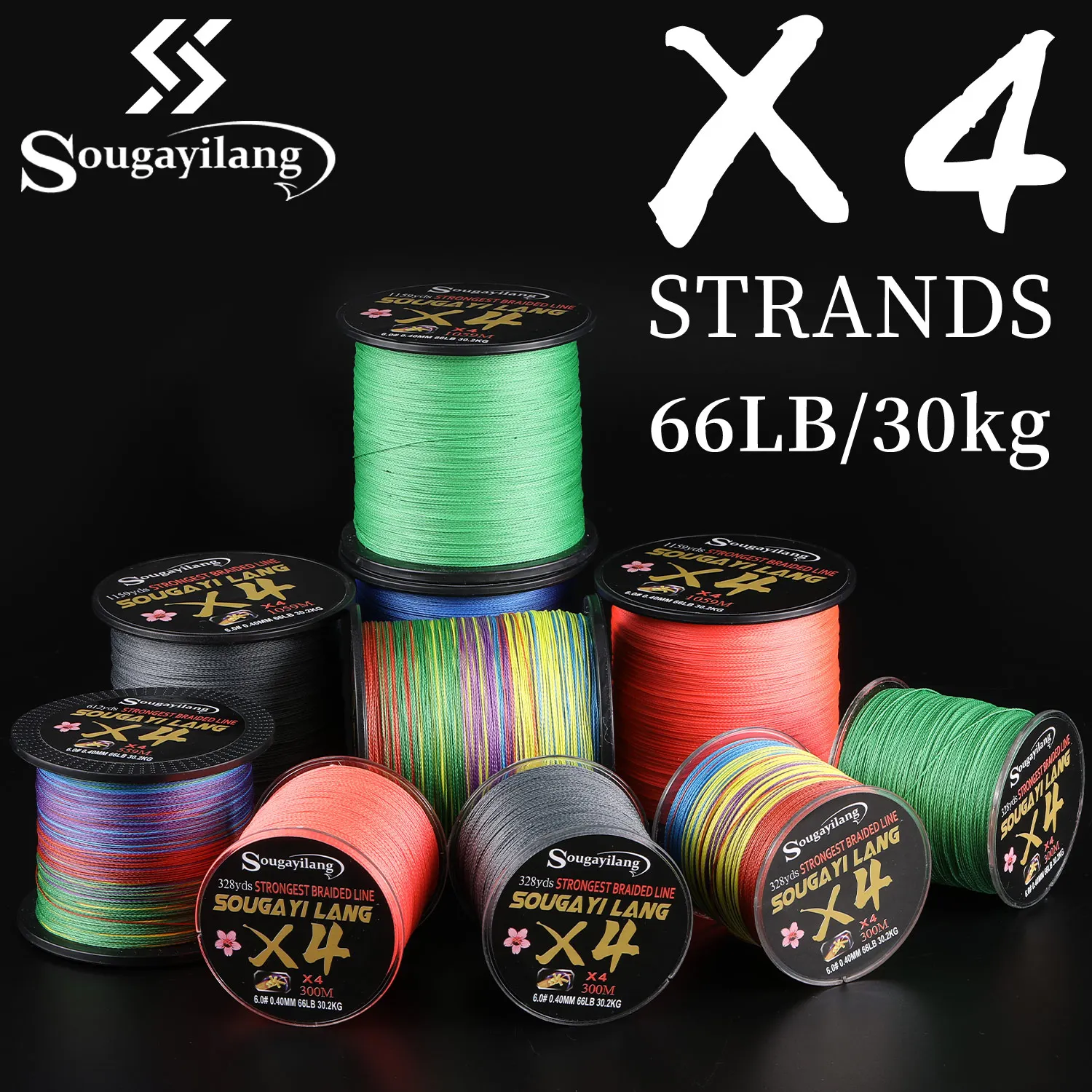 Sougayilang Braided Line 4X 100/300m 5 Color All for Fishing Line MaxDrag 66LB Multifilament PE Line for Saltwater Sea Fishing
