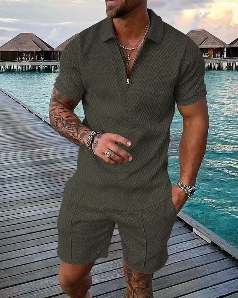 Men's Fashion Casual Light Luxury Striped POLO Shirt Set Summer Lapel Short-Sleeved Pullover Sports Trend Slim-Fit Men's T-Shirt