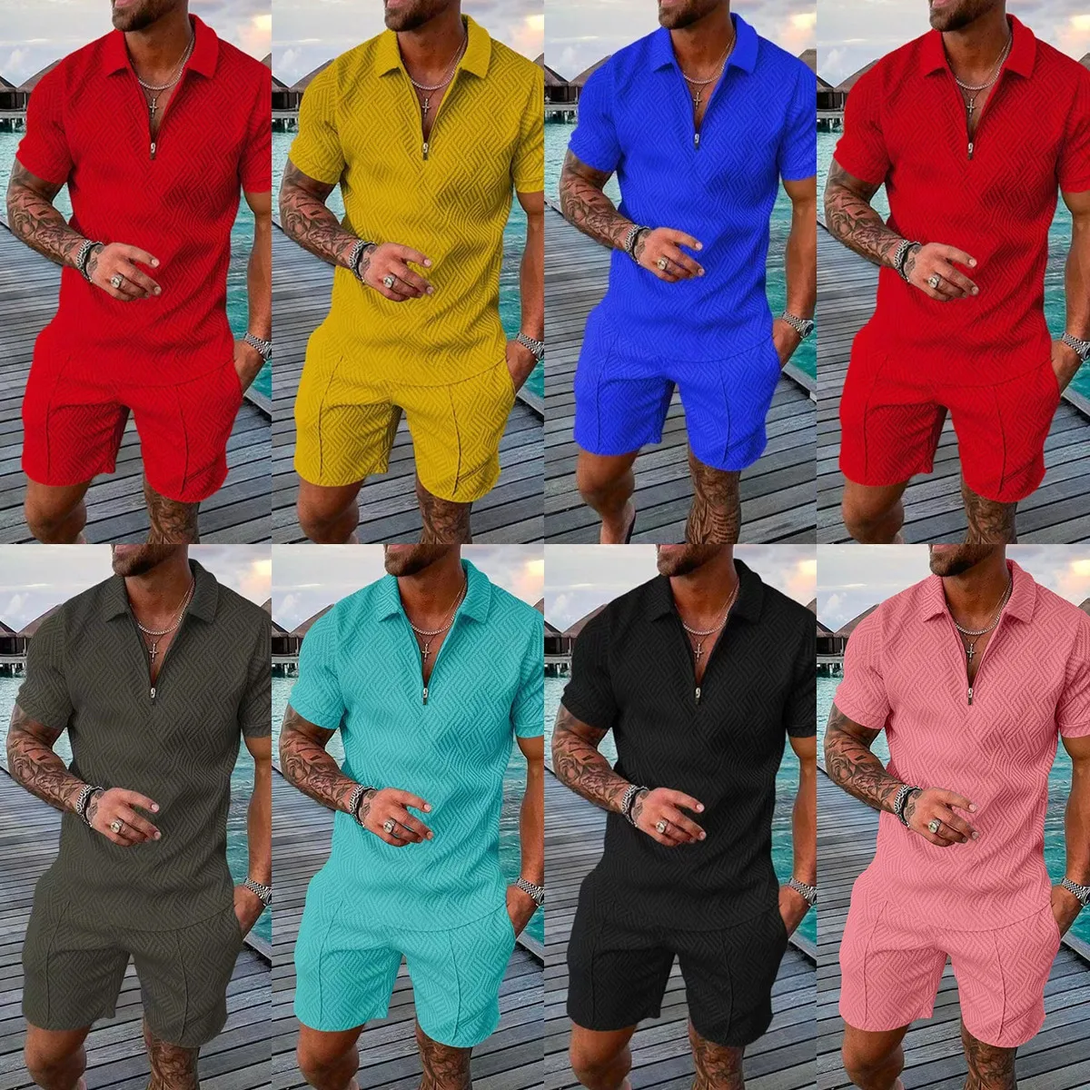 Men's Fashion Casual Light Luxury Striped POLO Shirt Set Summer Lapel Short-Sleeved Pullover Sports Trend Slim-Fit Men's T-Shirt