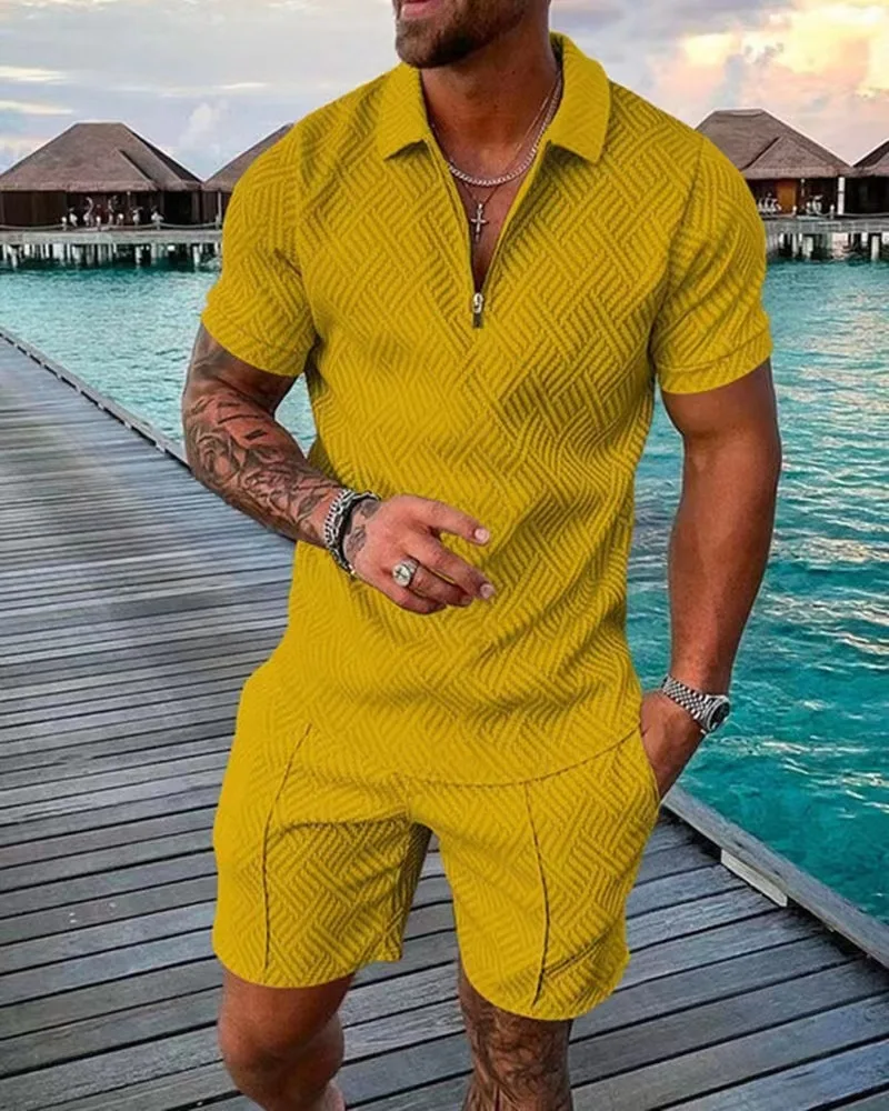 Men's Fashion Casual Light Luxury Striped POLO Shirt Set Summer Lapel Short-Sleeved Pullover Sports Trend Slim-Fit Men's T-Shirt