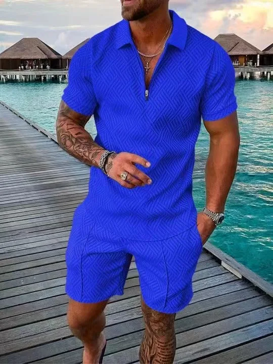 Men's Fashion Casual Light Luxury Striped POLO Shirt Set Summer Lapel Short-Sleeved Pullover Sports Trend Slim-Fit Men's T-Shirt