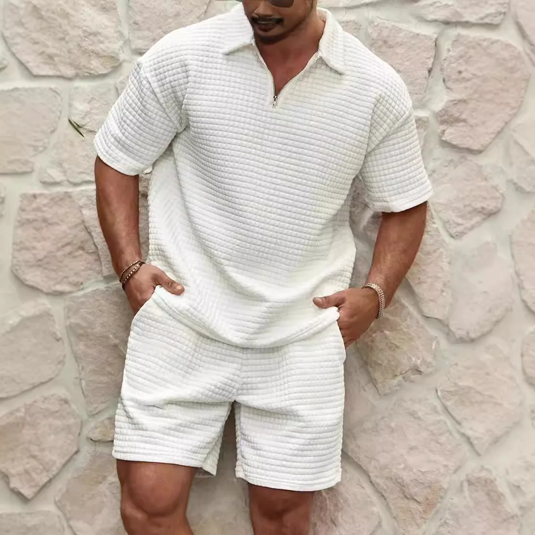 2025 Summer Men's Set New Fashionable Style Simple Waffle Color Solid Color Collar Polo Shirt Short Sleeve Shorts Sports Set
